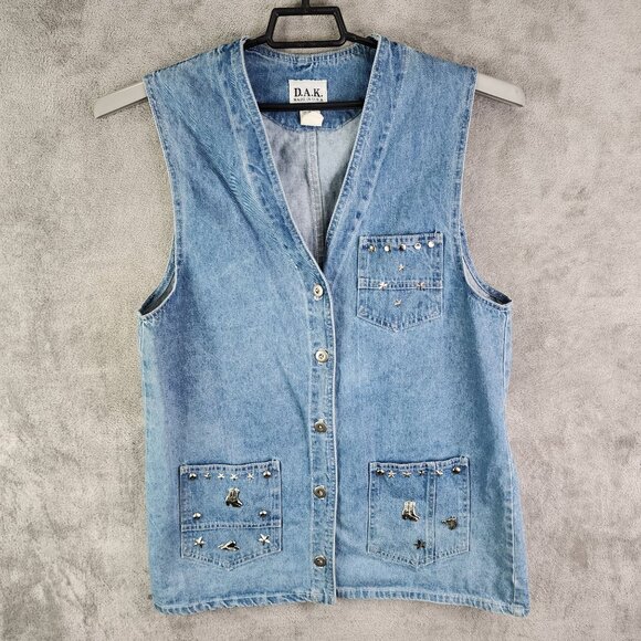 Women's Vintage D.A.K. Denim Vest With Embellished Pockets & Buttons Size M - Picture 2 of 10